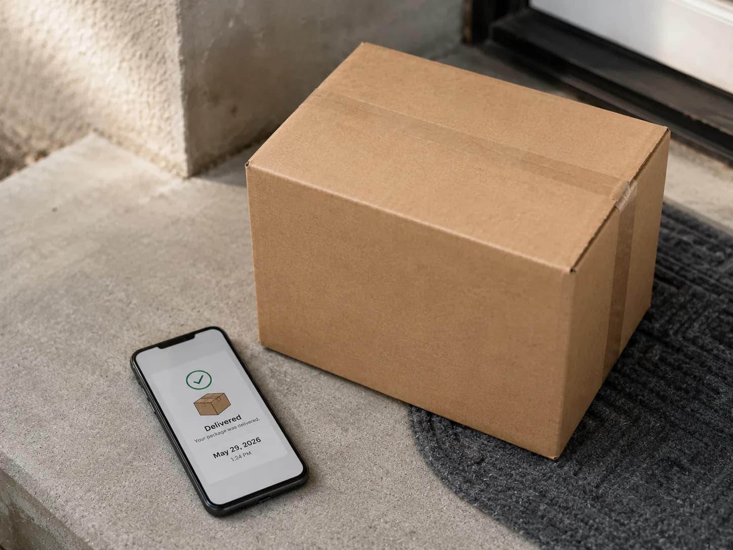 Plain delivery box on a doorstep beside a smartphone showing a generic delivery confirmation, illustrating that the Amazon return period starts on the delivery date rather than the order date.