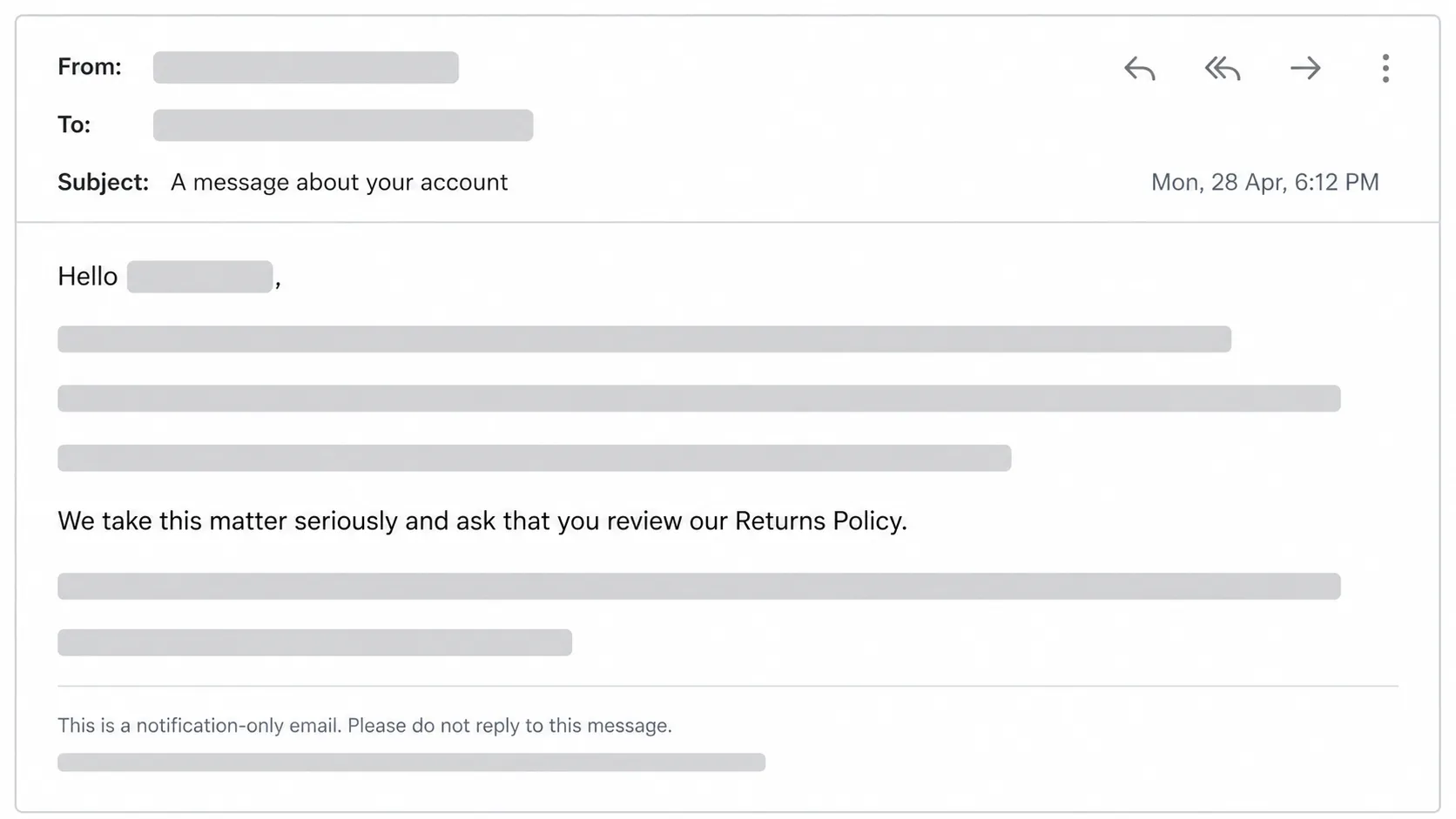 Representative mock email showing an official return warning with personal details redacted, using a neutral email layout and generic placeholder text instead of real account information.
