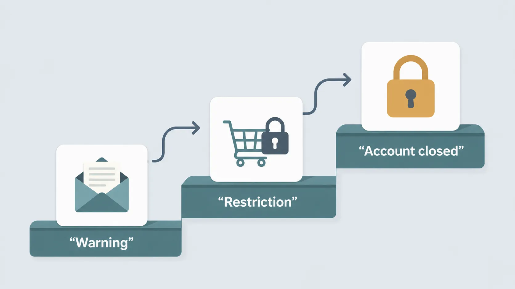 Three-step infographic showing the progression from a warning email to an account restriction and finally account closure, connected by upward arrows to illustrate escalating enforcement.