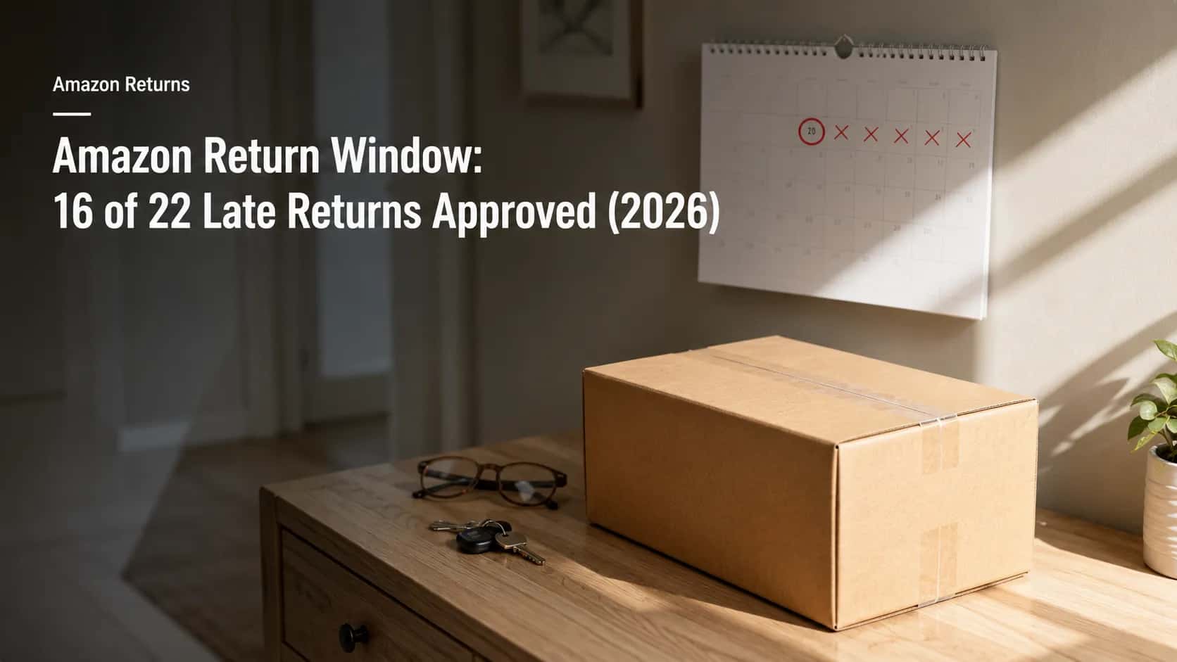 Sealed delivery parcel on a hallway table beside a wall calendar with a passed return date, keys, and glasses, illustrating Amazon return windows and late return approvals in 2026.