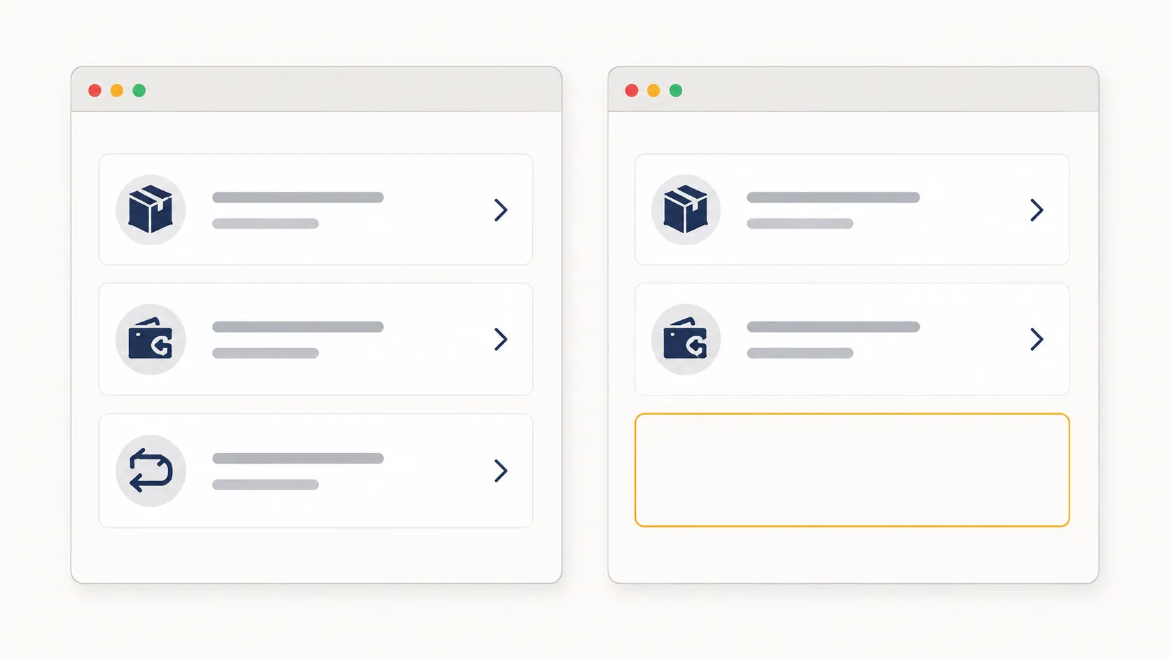 Comparison of two Returns Center screens showing the exchange option present for an Amazon-sold order and completely absent on a third-party order, with the missing section highlighted.