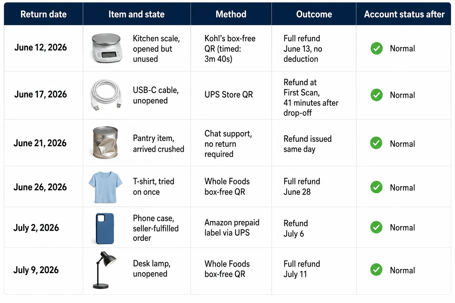 Table summarizing six Amazon test returns from June to July 2026, showing return dates, item condition, return method, refund outcome, and account status after each return, with all six returns.