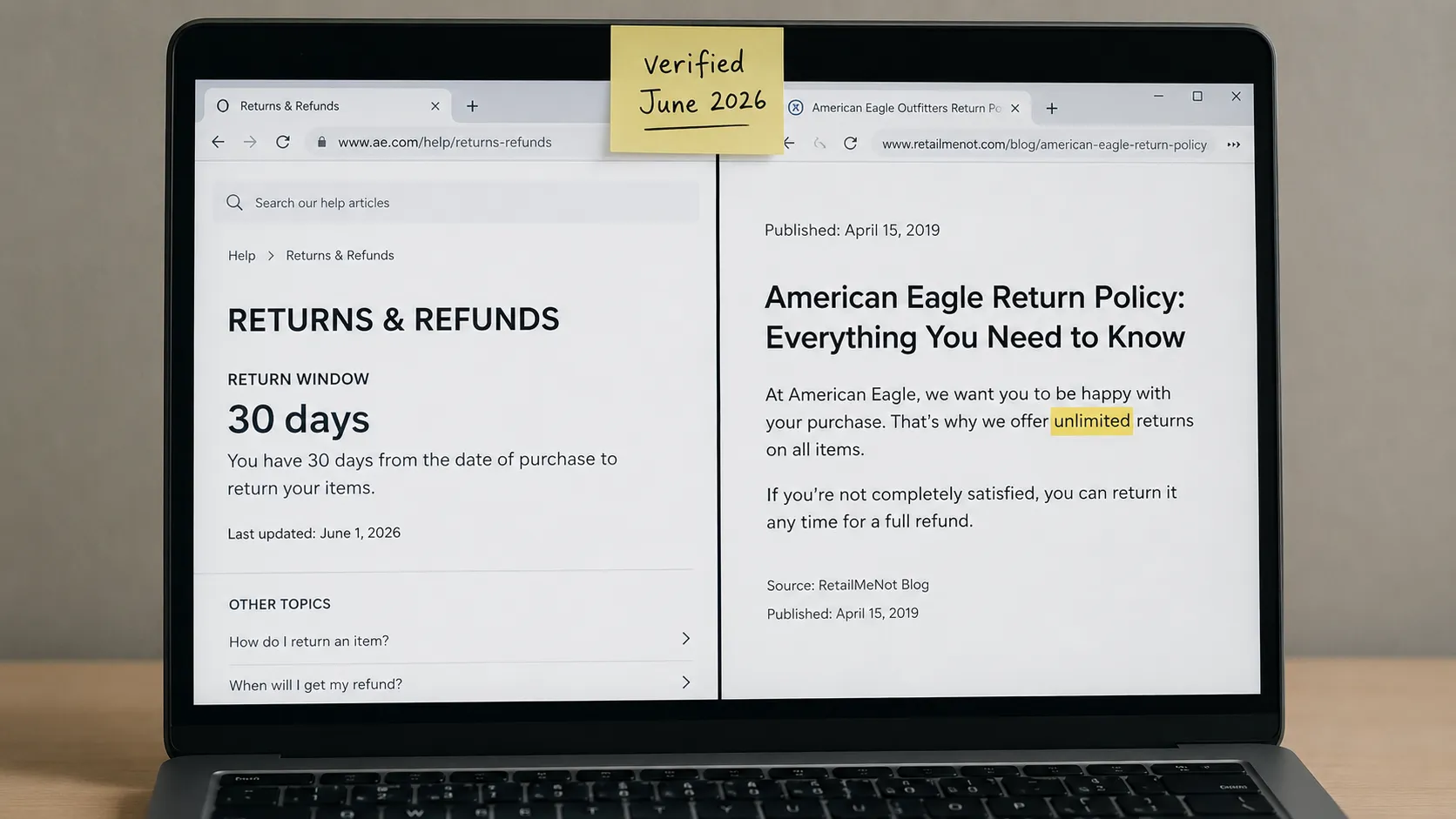Side-by-side comparison showing a current 30-day American Eagle return policy page next to an older article mentioning unlimited returns, illustrating the policy change with June 2026 verification dat
