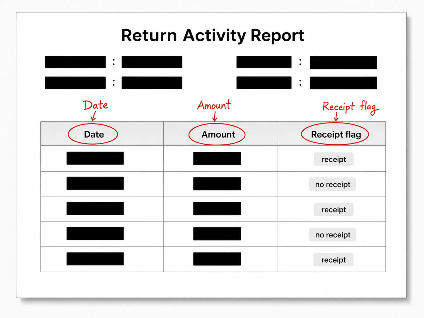 Annotated Return Activity Report with Date, Amount, and Receipt flag columns highlighted, while all personal information is securely redacted.