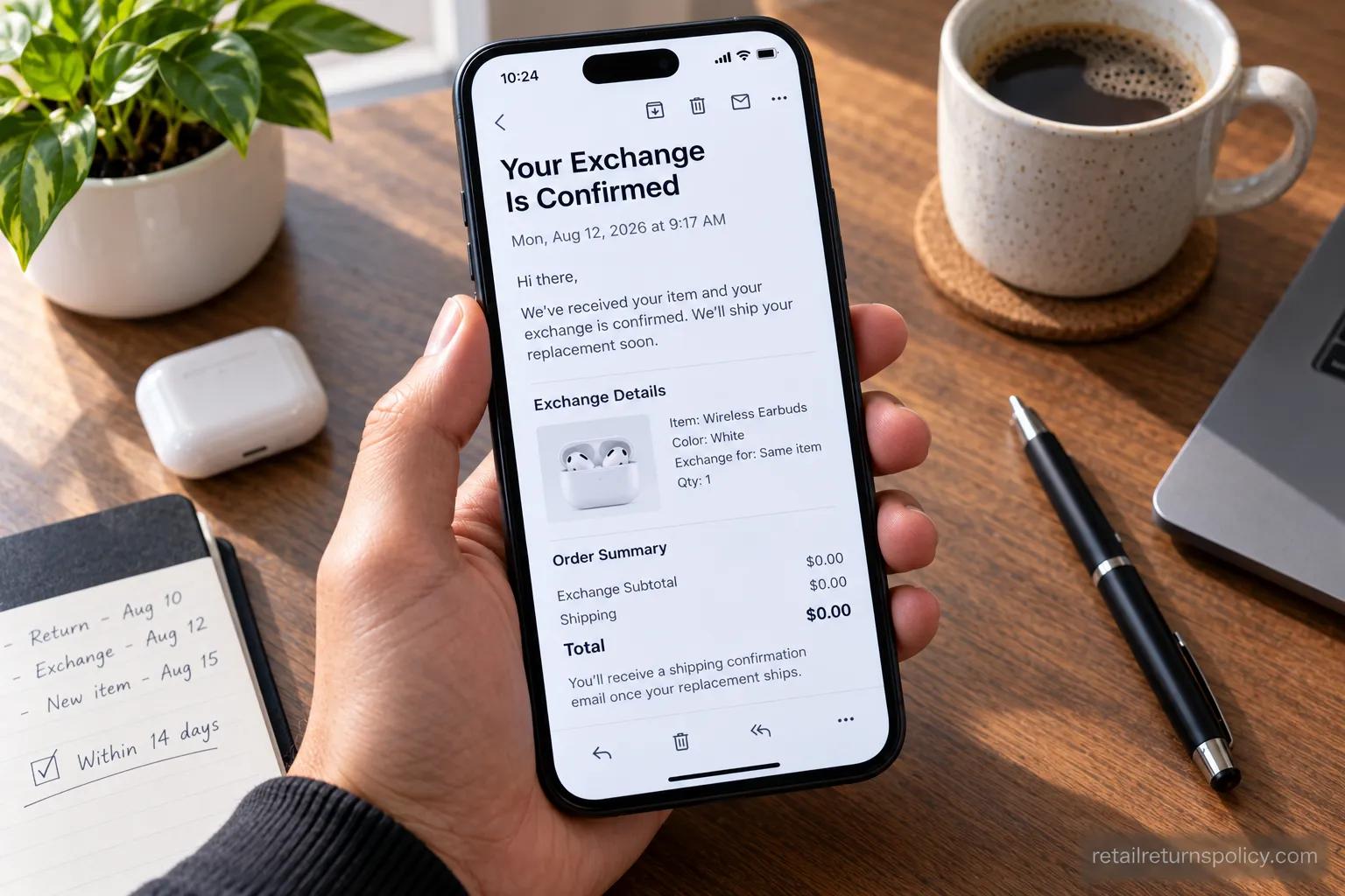 Dated Apple exchange confirmation email shown on a phone, proving a swap started inside the 14-day window.
