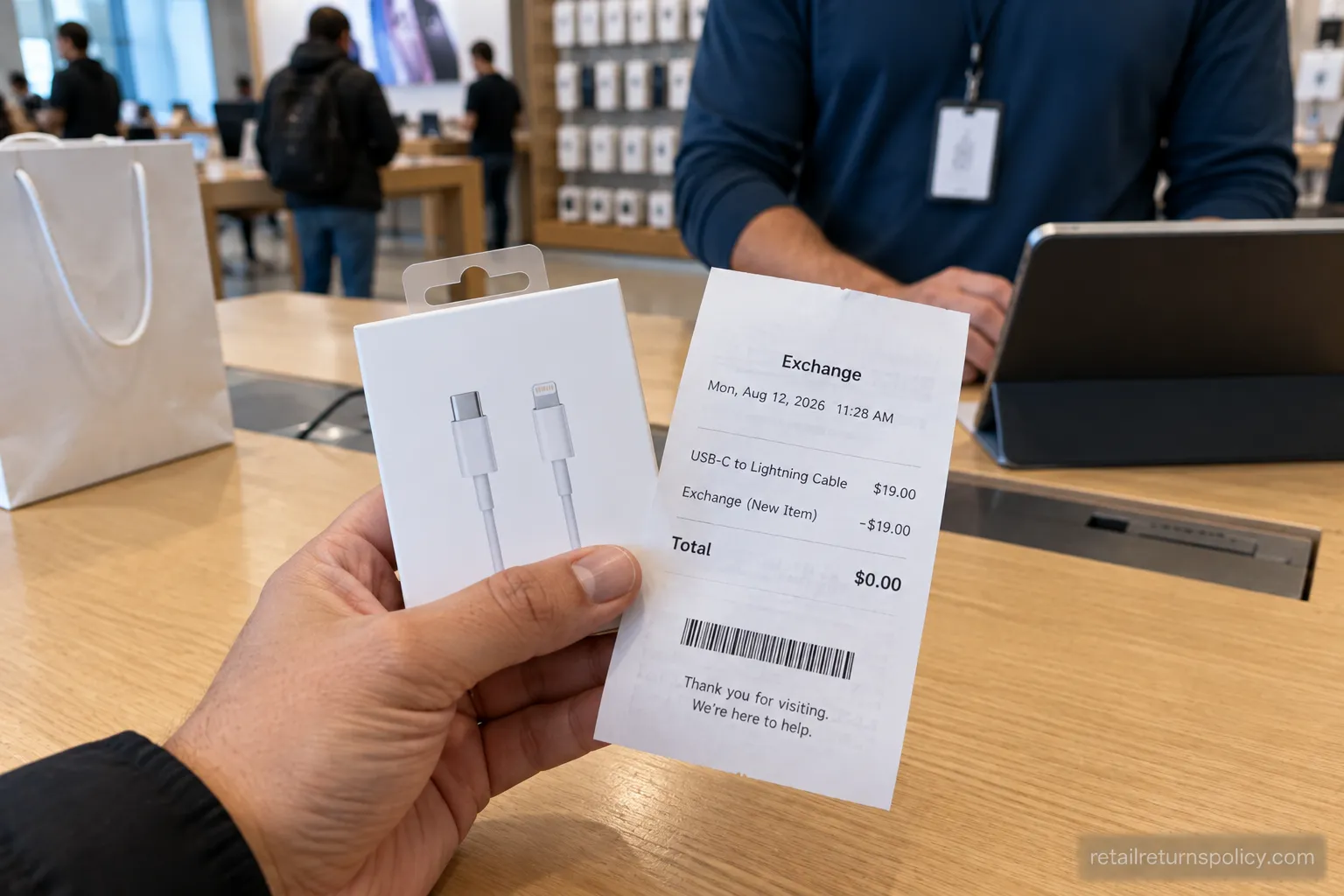 A hand holding a swapped Apple accessory and an exchange receipt at a store service counter.