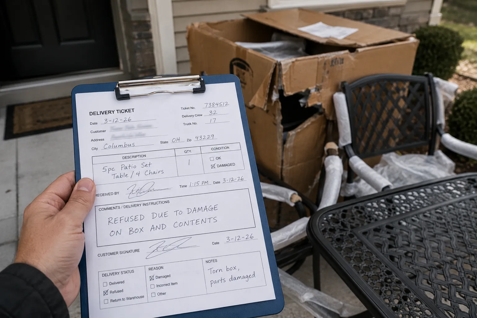 Delivery slip marked refused due to damage for an appliance exchange.