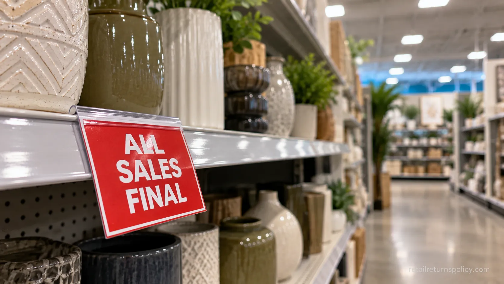 At Home clearance shelf tag marked All Sales Final in a store aisle.