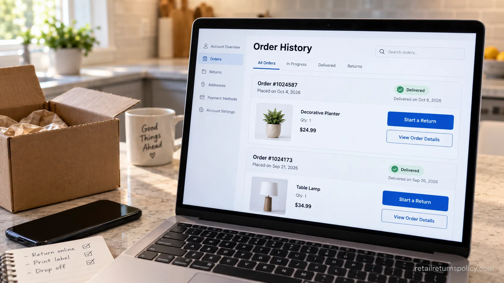 At Home online order history page showing the self-service return option.