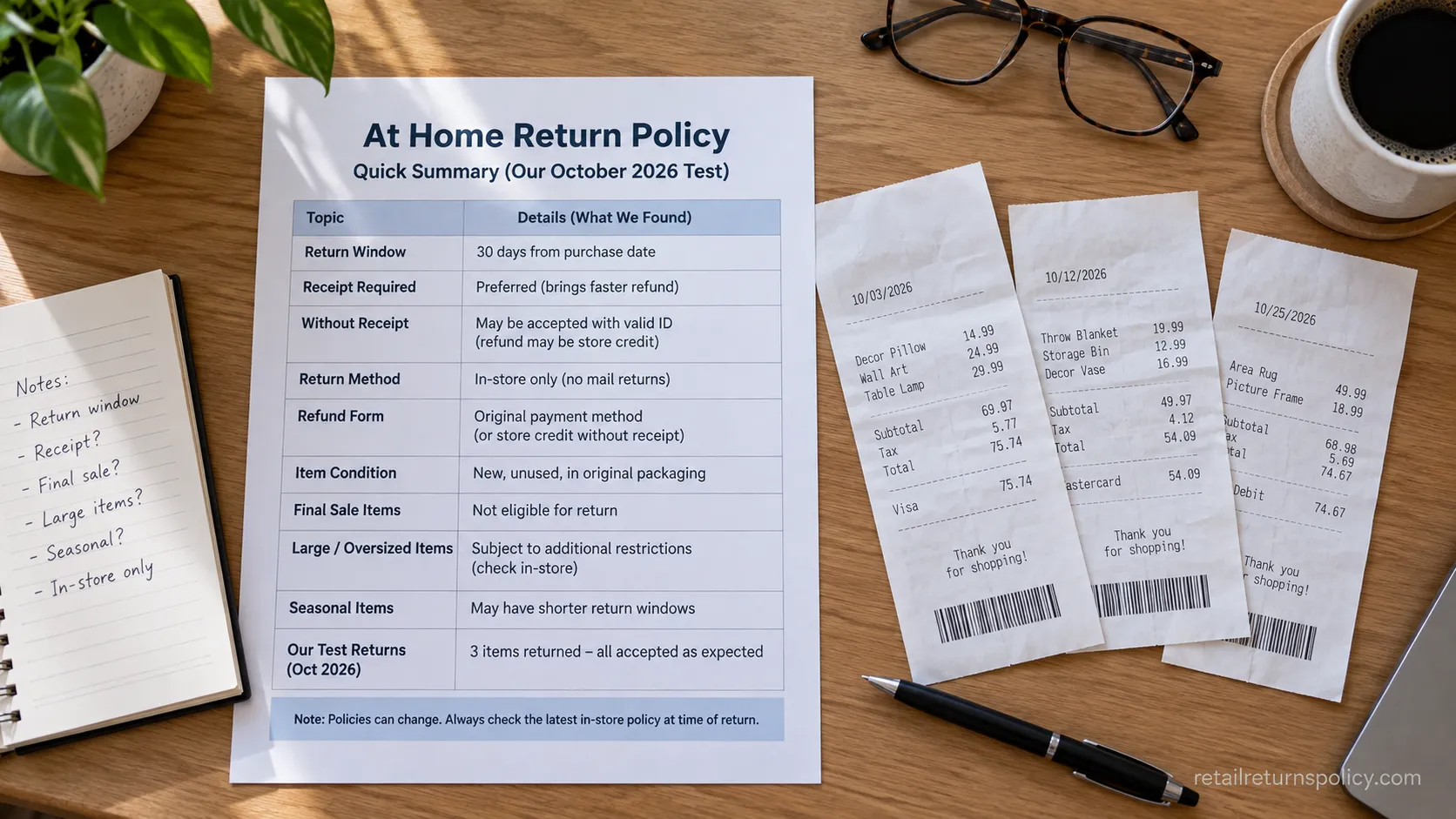 At Home return policy summary sheet next to three dated store receipts.