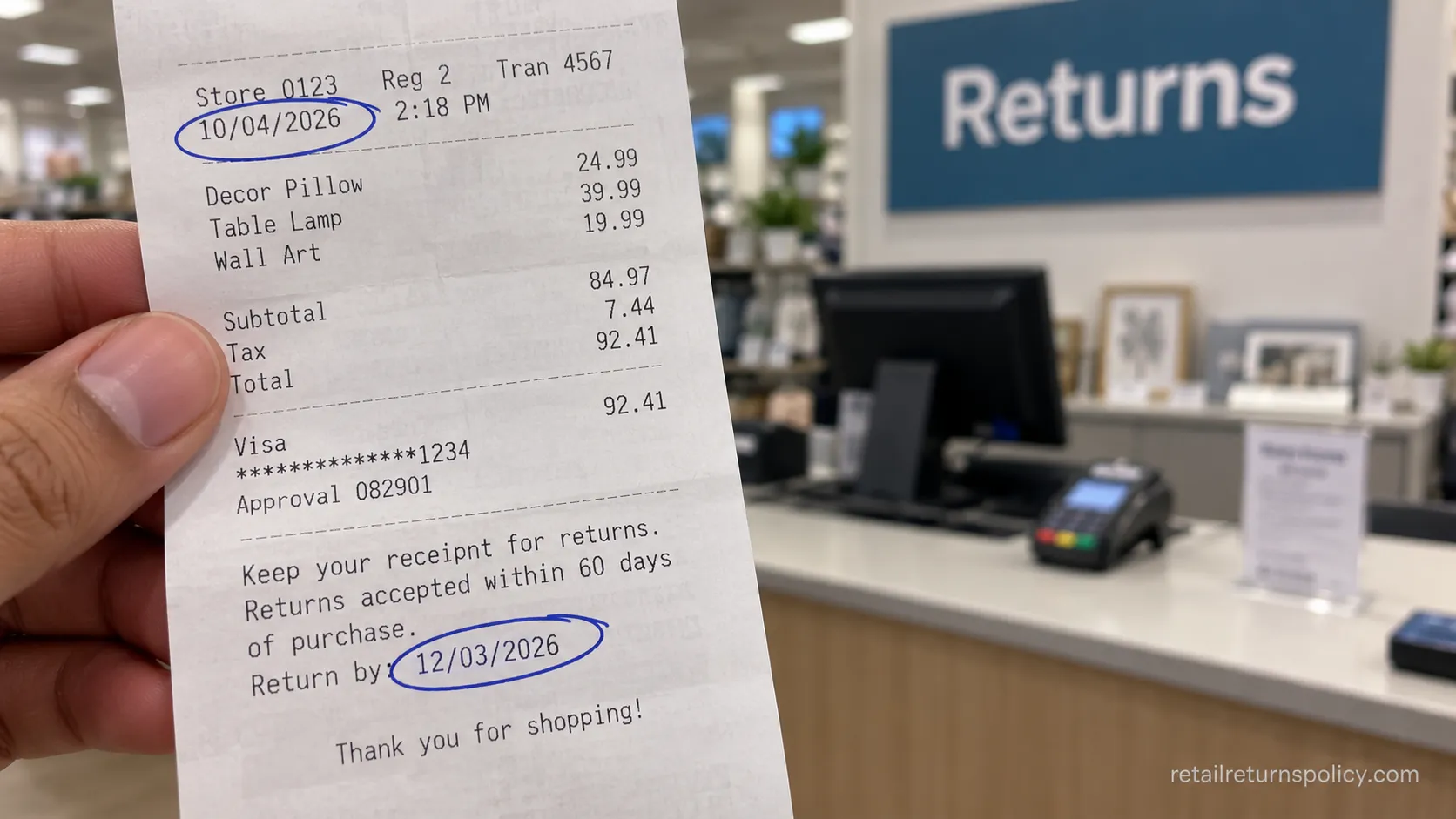 At Home receipt showing the purchase date and 60-day return window circled.