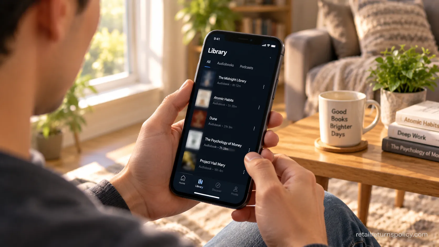 A phone held near a window, illustrating that Audible returns happen in the mobile browser and not the app.