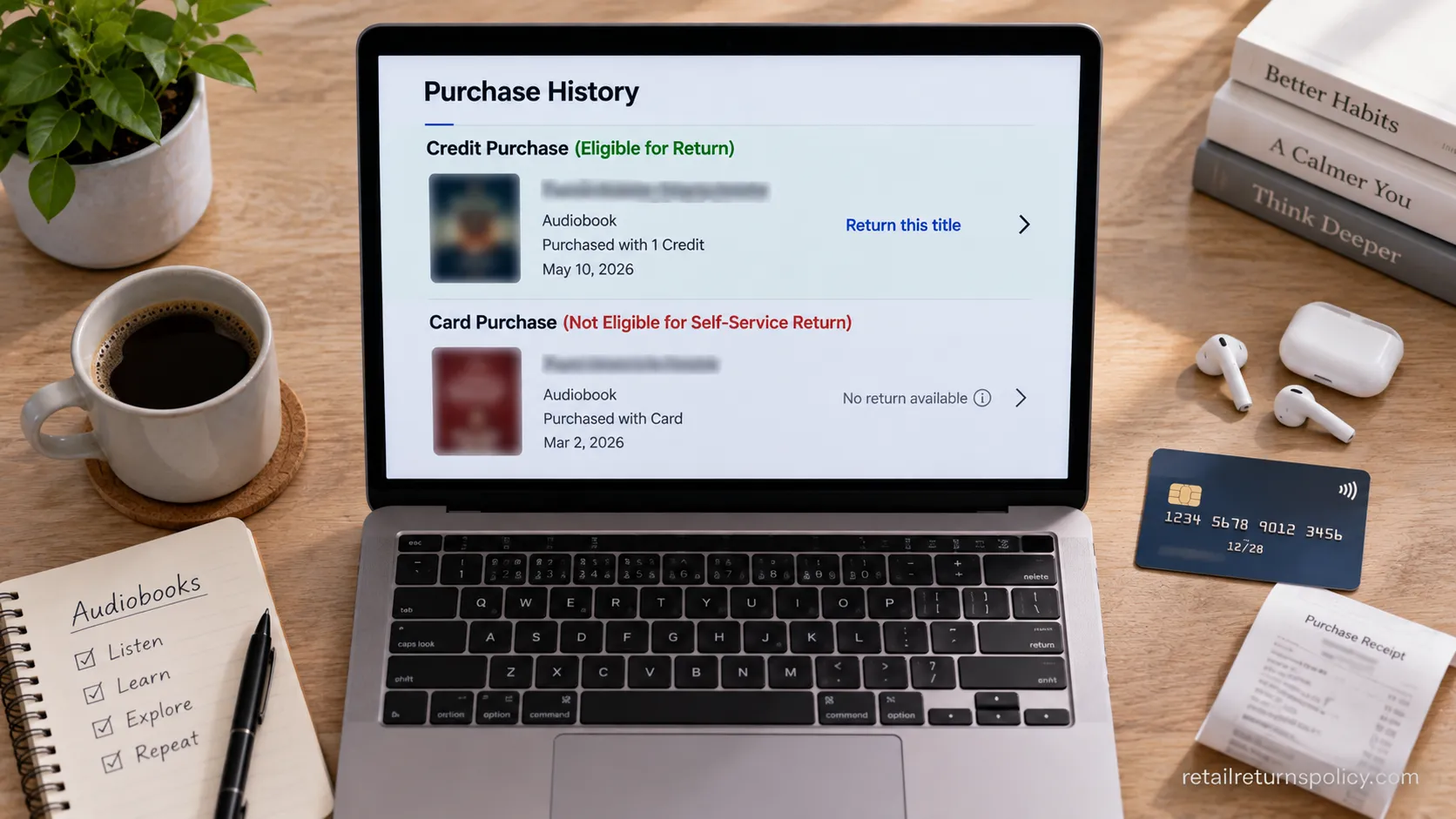 A laptop and a credit card on a desk, illustrating how payment method changes Audible return eligibility.