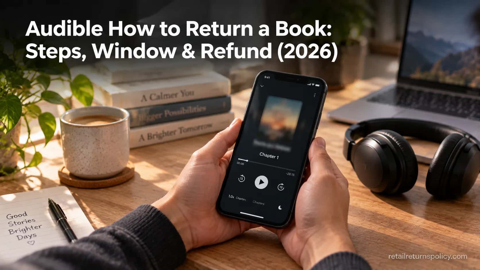 Hands holding a phone showing an audiobook library on a wooden desk, illustrating how to return a book on Audible.