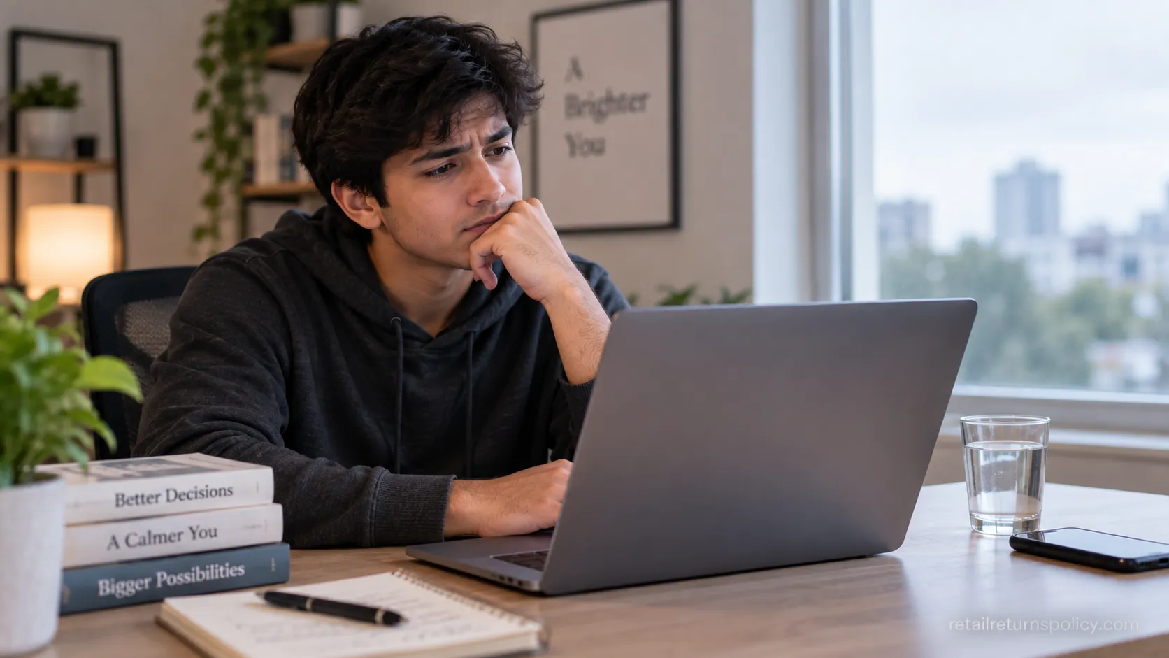 A person puzzling over a laptop, illustrating the Audible not eligible for return state.
