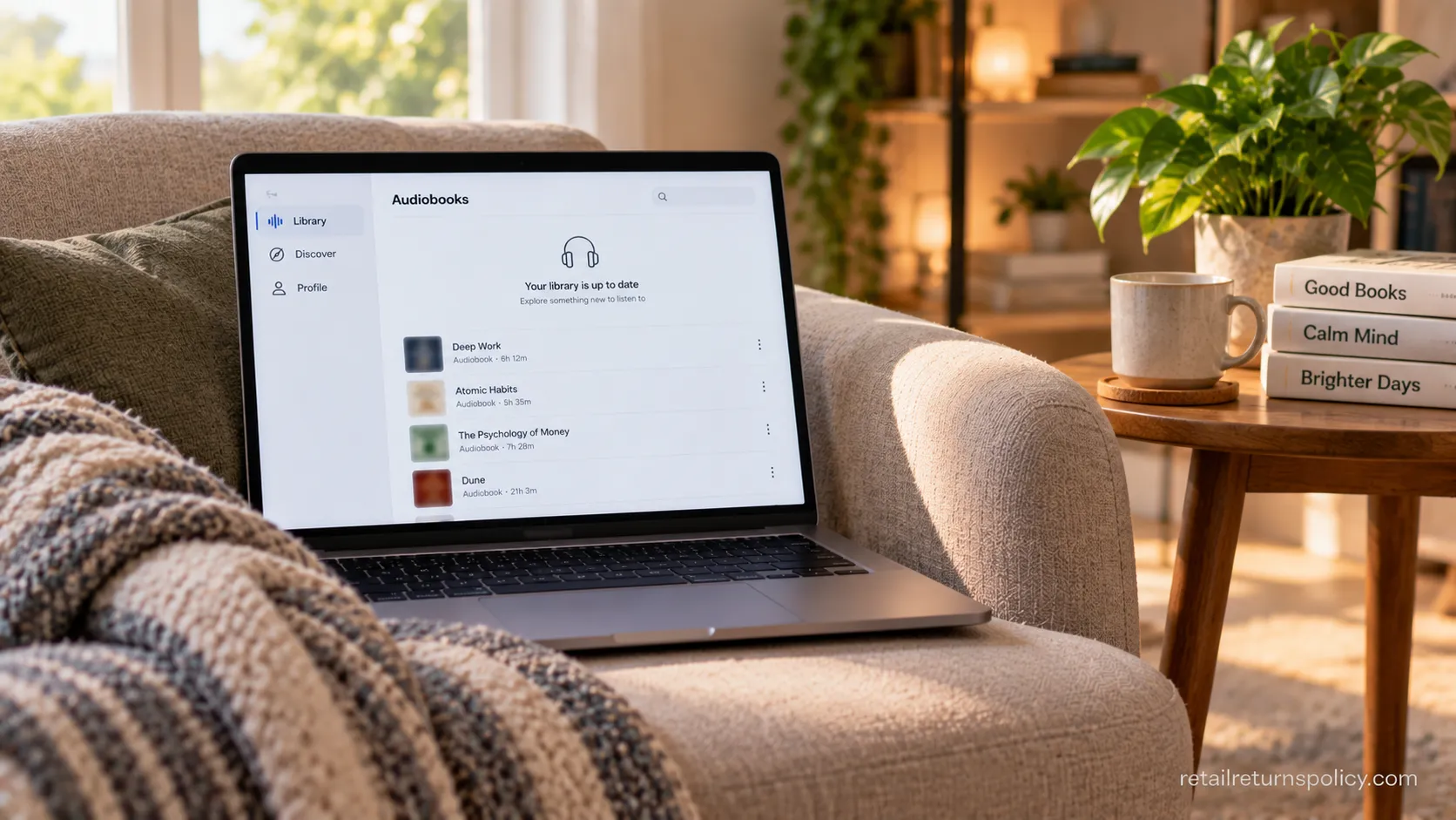A cozy reading corner with a laptop, illustrating a returned Audible title cleared from the library
