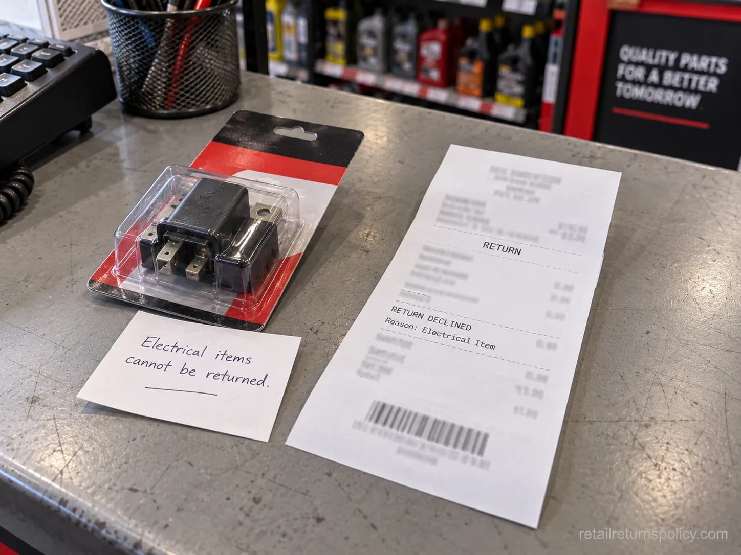 Auto-parts return receipt on a counter beside a blister-packed part.