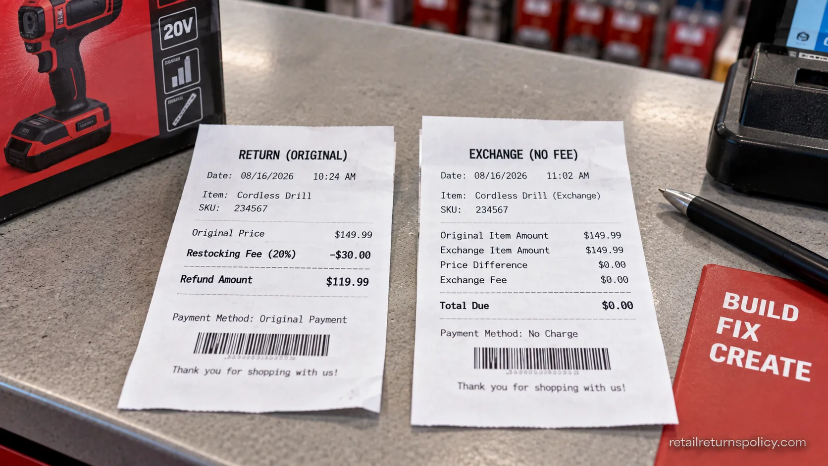 Before and after receipts showing a quoted restocking fee versus a zero-fee exchange.