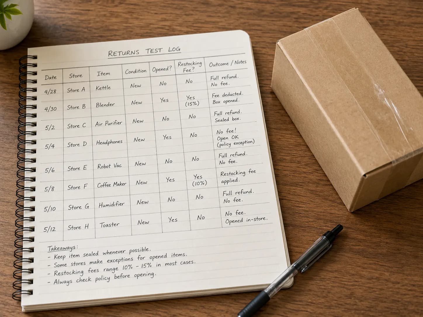 Returns test log next to a sealed box showing how to avoid a restocking fee.