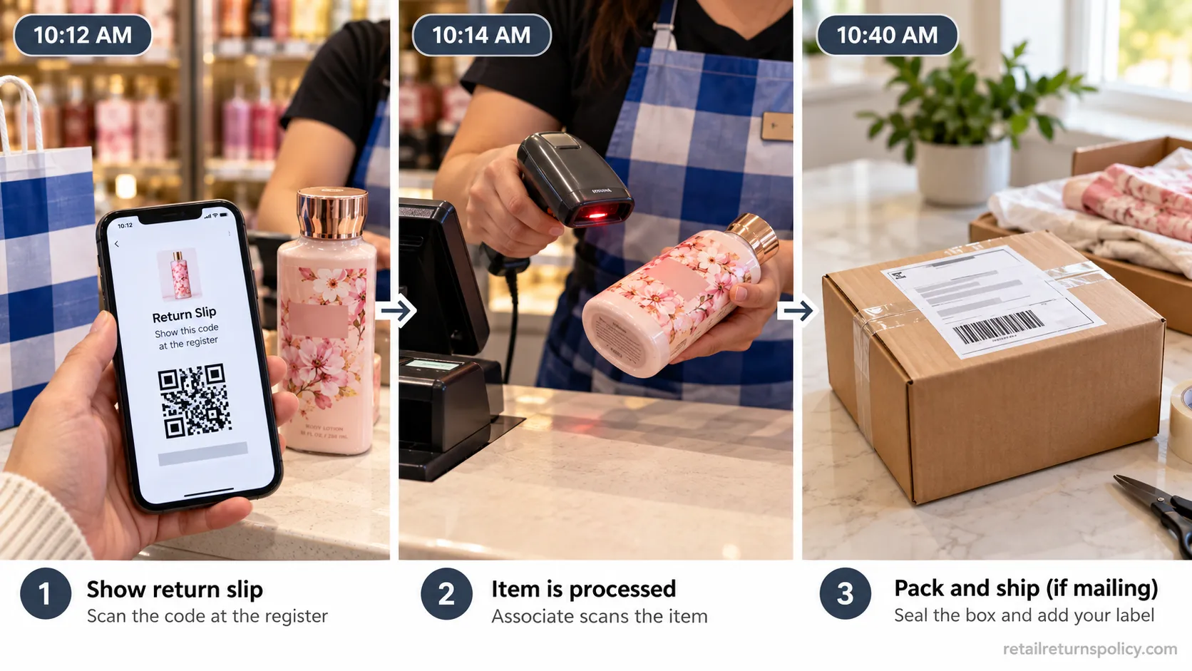 Step-by-step sequence of returning an item to Bath & Body Works in store and by mail.