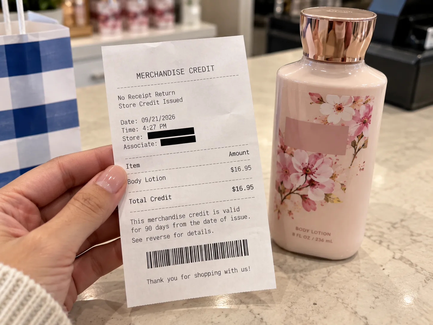 Merchandise credit slip from a no-receipt Bath & Body Works lotion return.