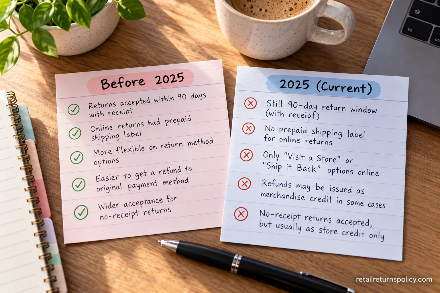 Before-and-after comparison of Bath & Body Works return policy changes in 2025.