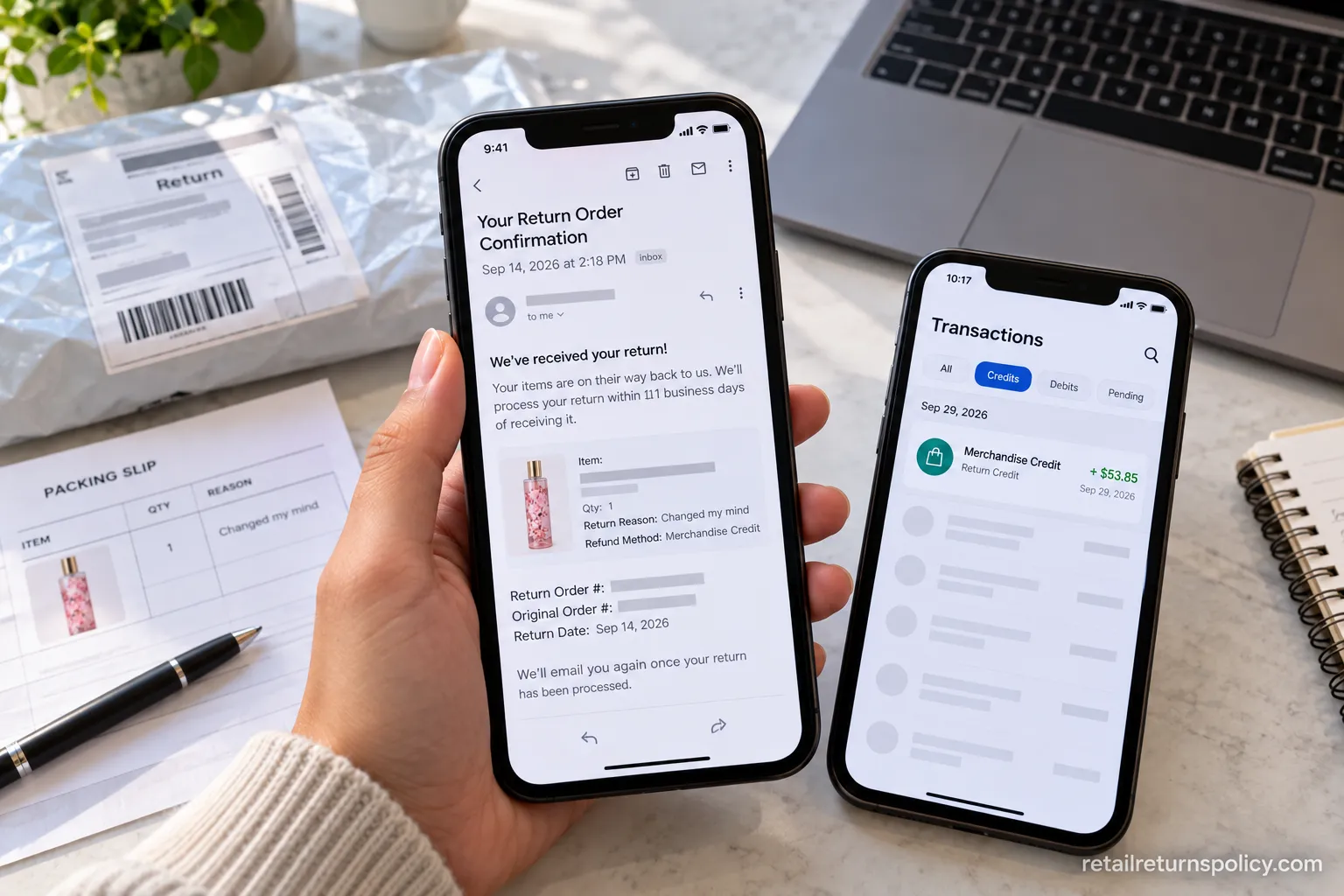Return confirmation email and banking app showing a Bath & Body Works refund posting.
