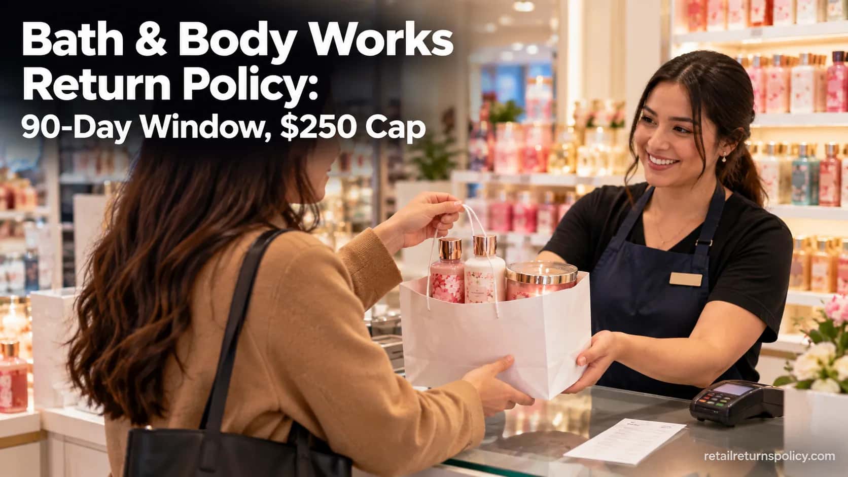 Shopper returning lotions and a candle at a Bath & Body Works return counter.