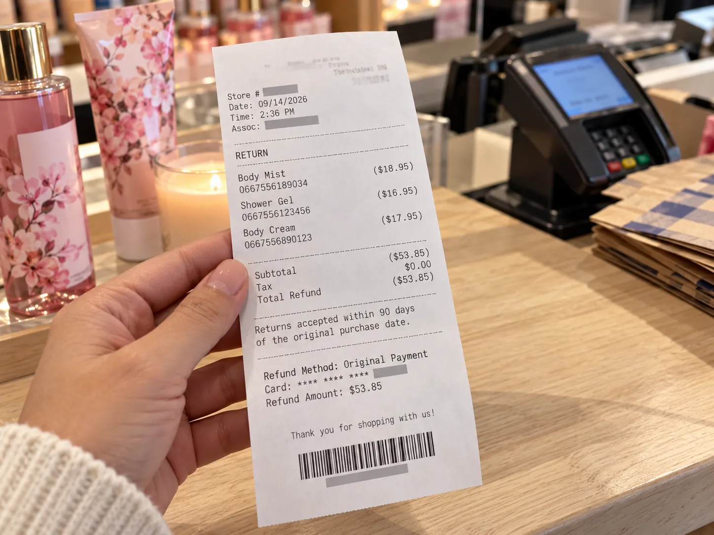 Bath & Body Works return receipt showing the 90-day window and refund method.