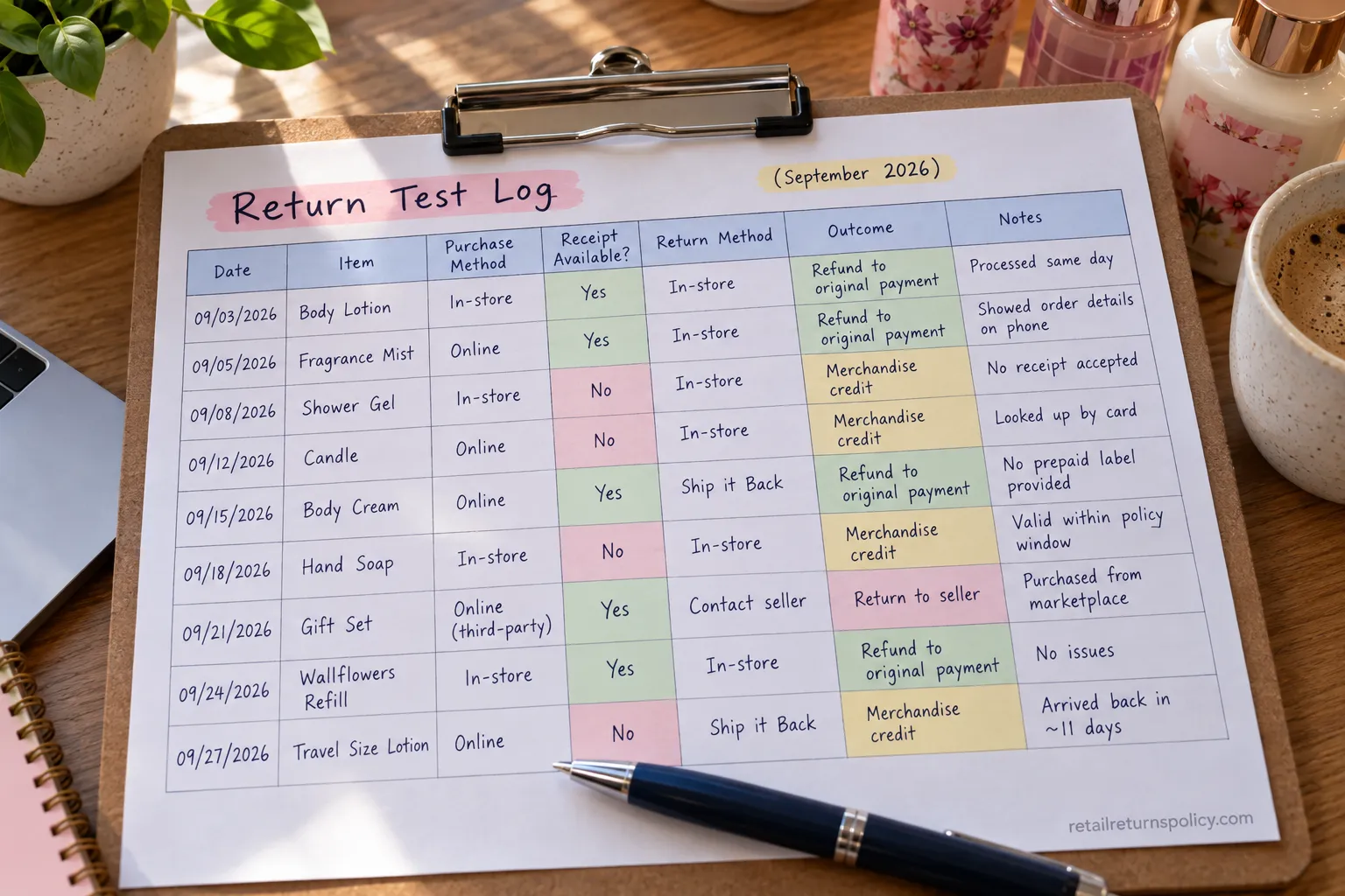 Dated return-test log recording Bath & Body Works return outcomes by item.