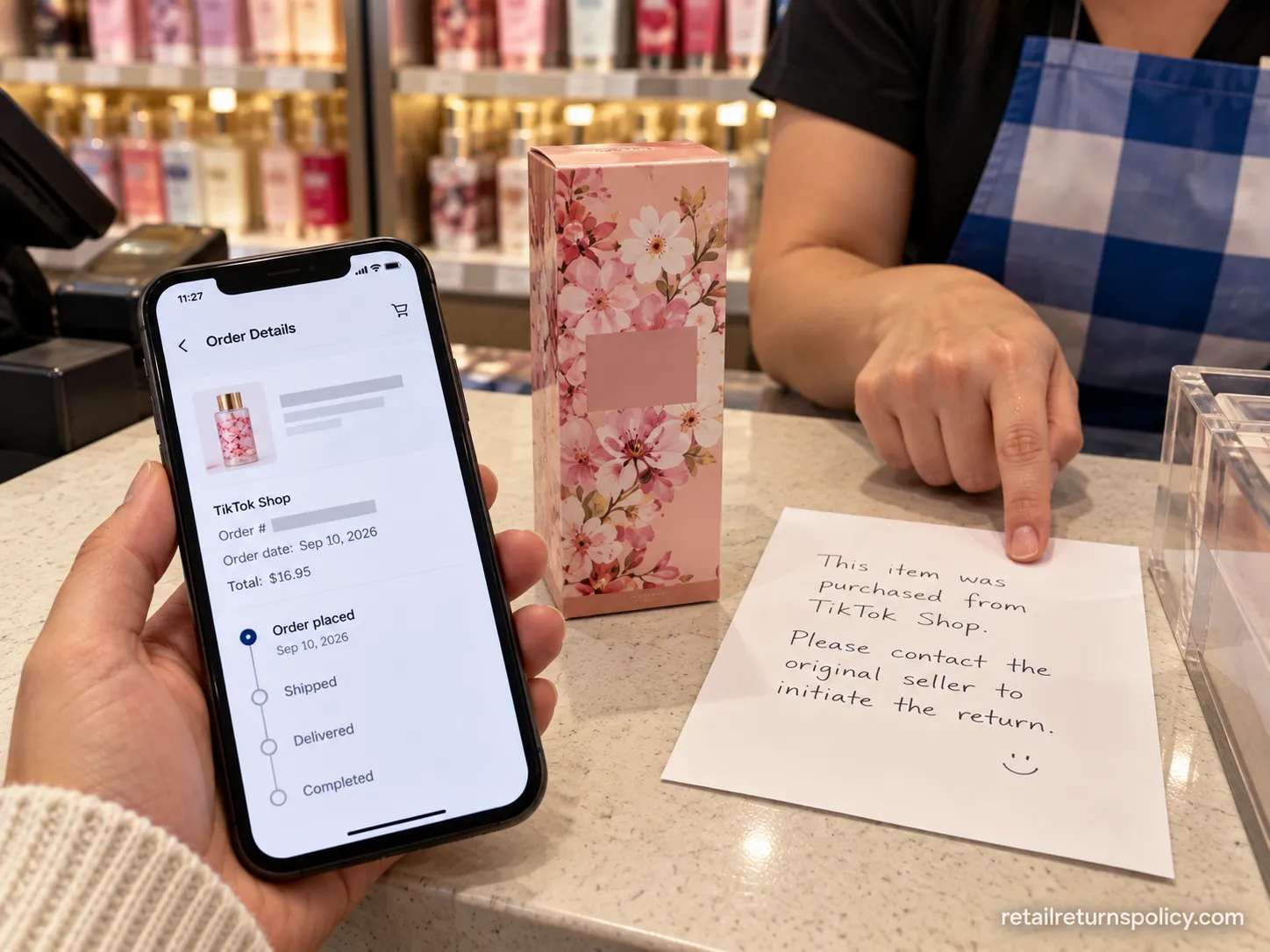 A TikTok Shop beauty order redirected back to the seller at a store counter.