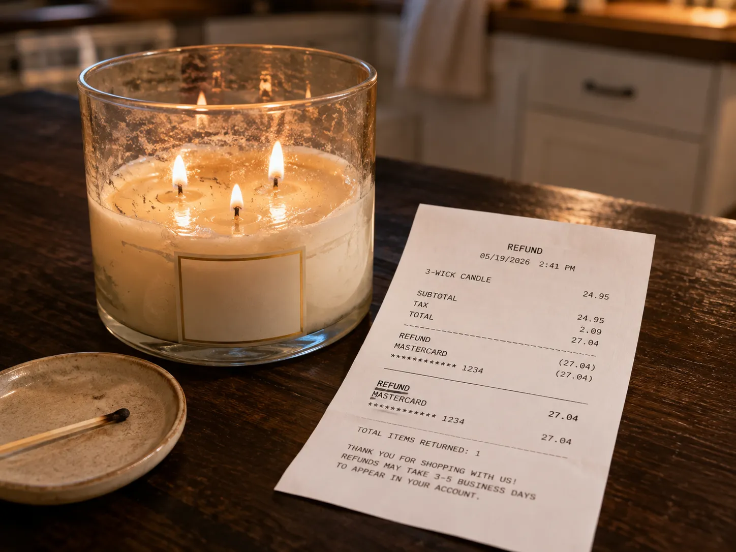 Half-burned three-wick candle beside a Bath and Body Works receipt showing a full refund.