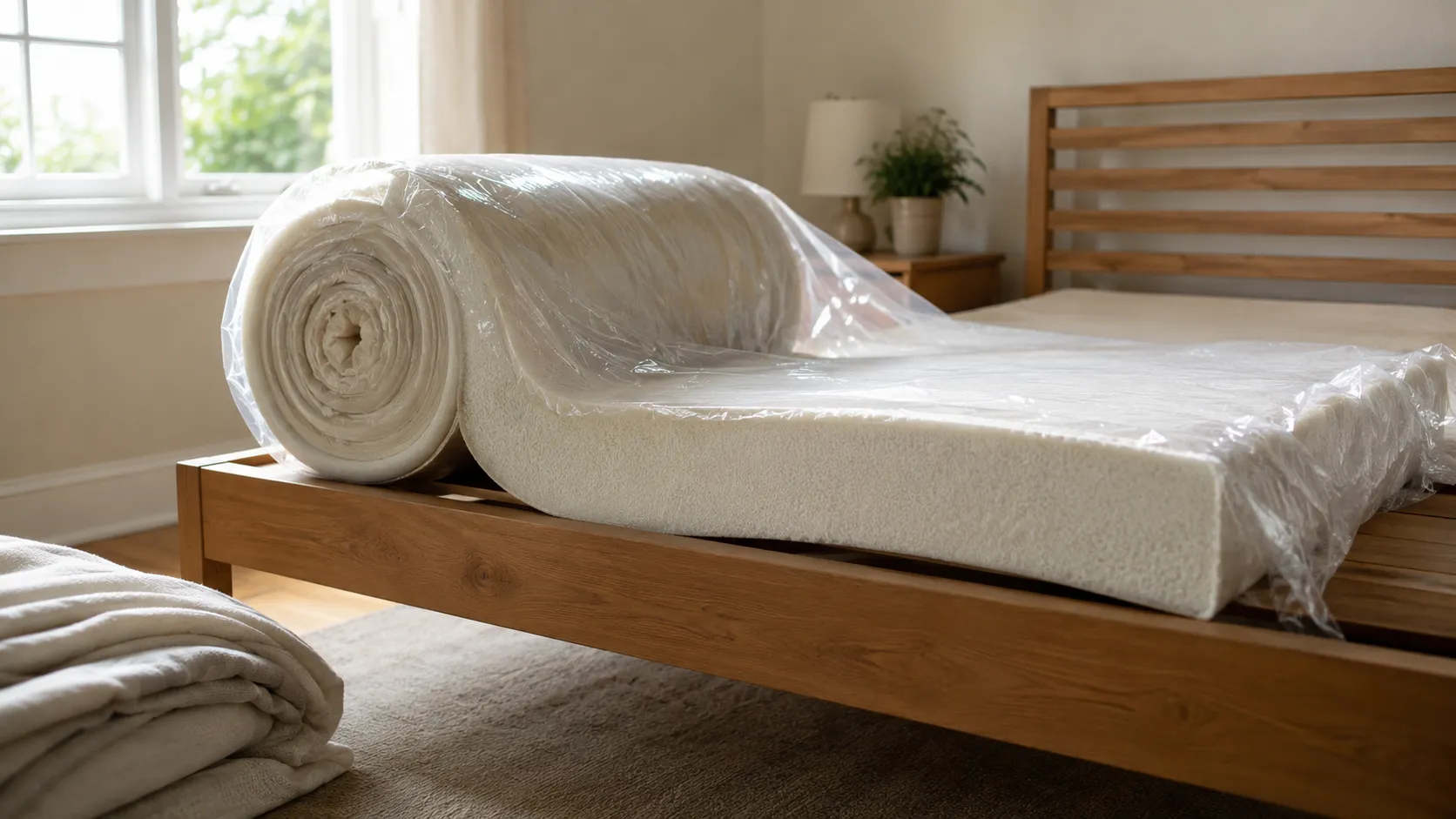 Representative illustration of a compressed bed-in-a-box foam mattress unrolling and expanding on a wooden bed frame, partially wrapped in clear plastic in a bright, sunlit bedroom.