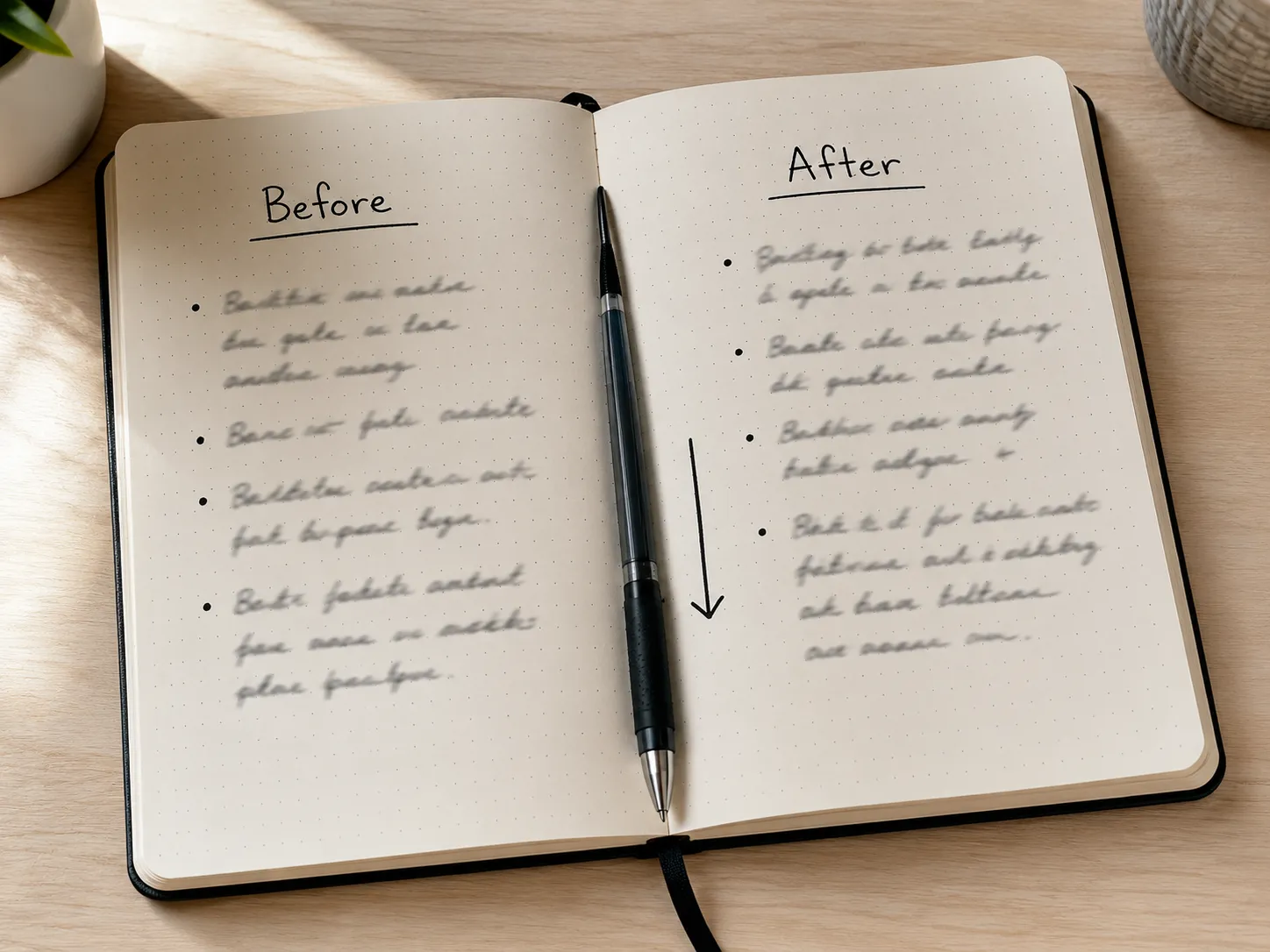 Notebook comparing before and after return habits, illustrating fewer return prompts after changing shopping behavior.