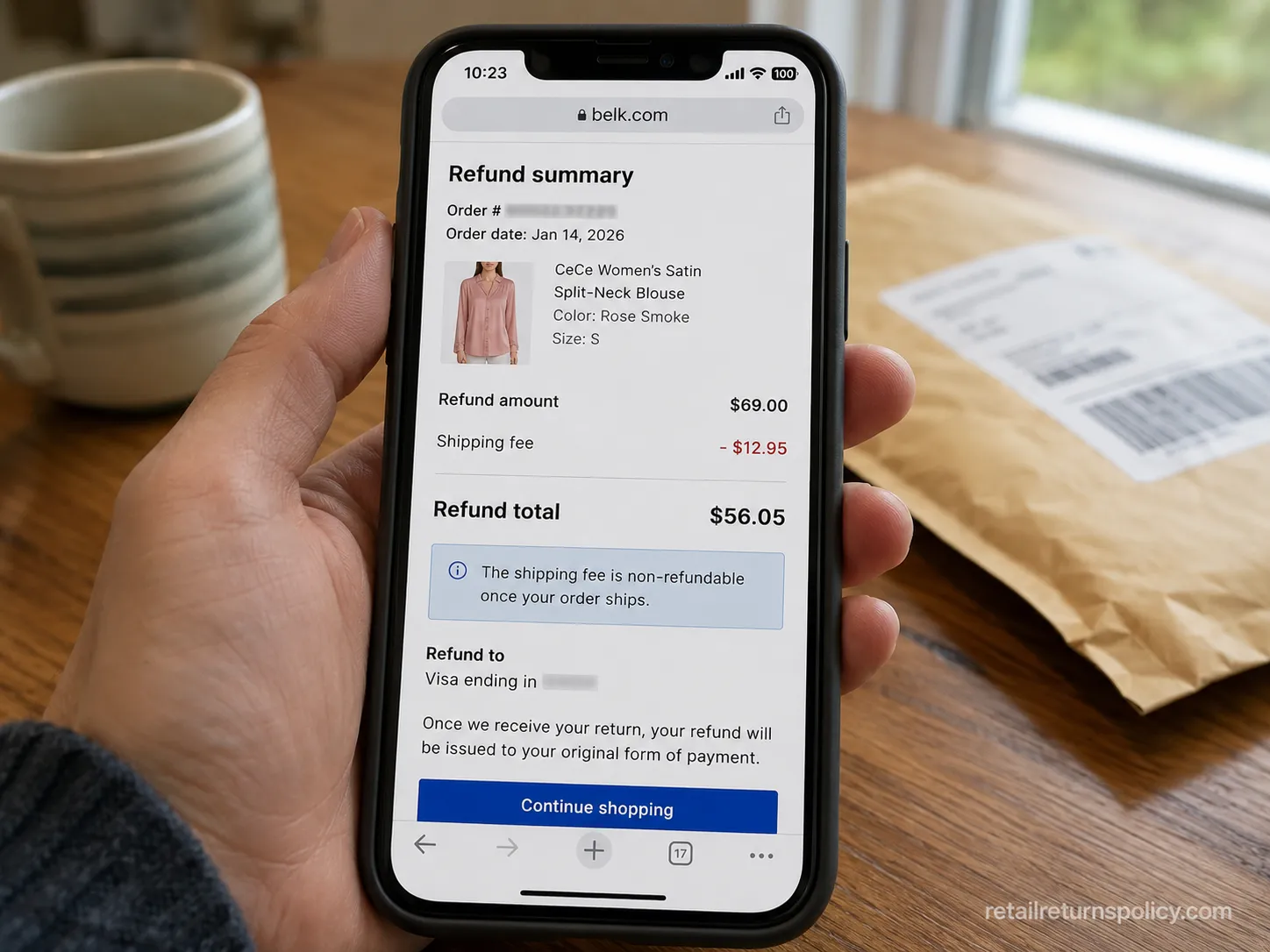 belk.com refund summary showing a $12.95 mail return fee deducted from the refund.