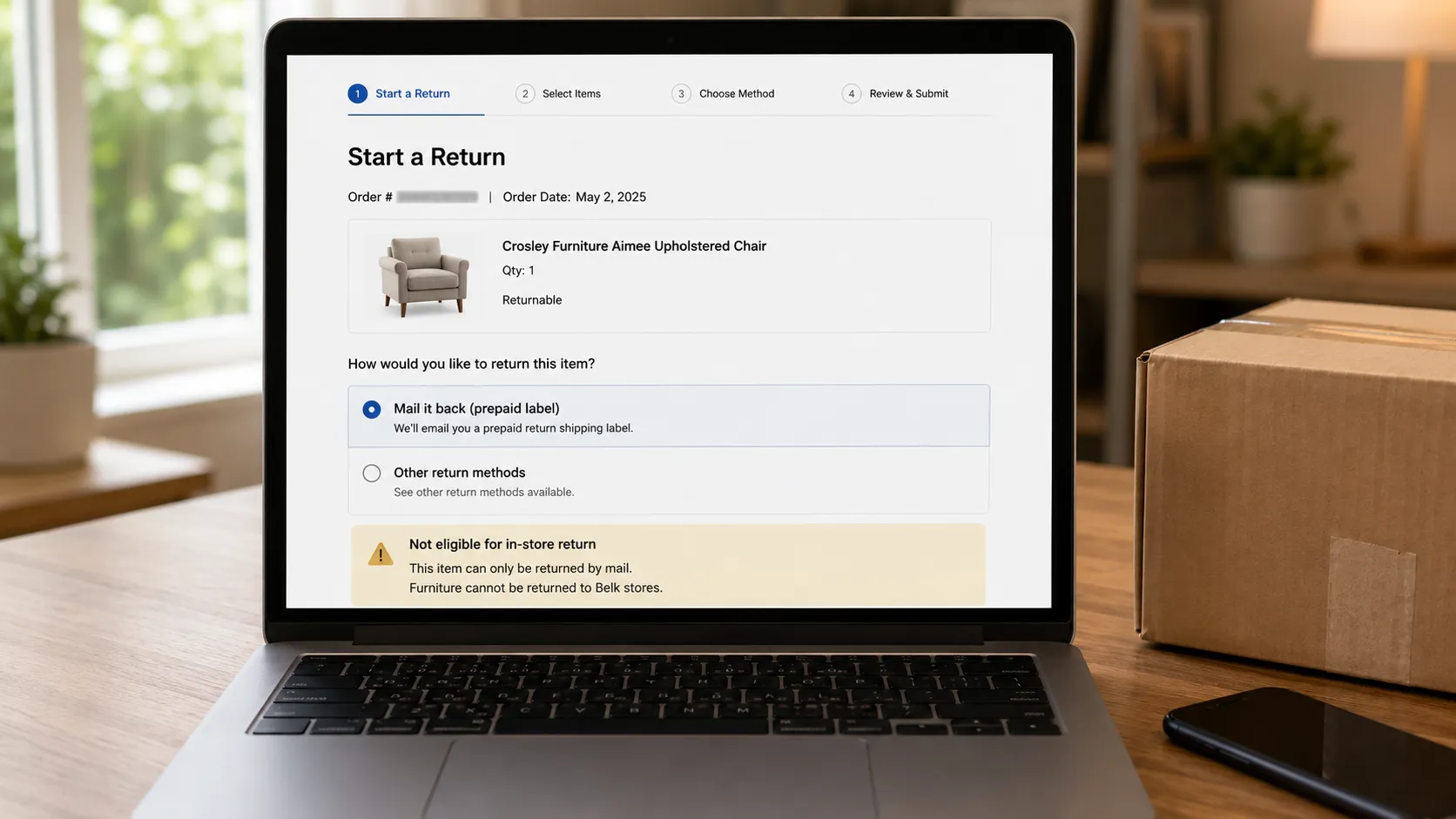 belk.com Start a Return screen with prepaid label option and in-store exclusion notice.