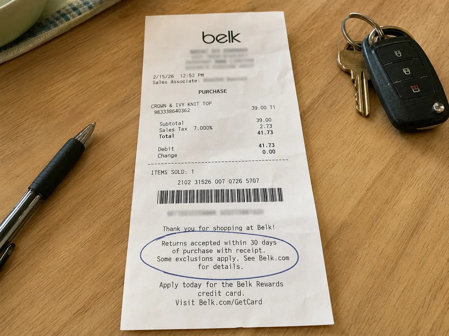 Dated Belk receipt showing the printed 30-day return window for 2026.