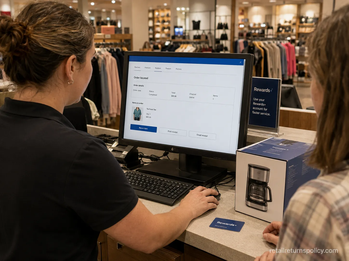 Belk associate performing a receipt look-up for a no-receipt return on a Rewards+ account.