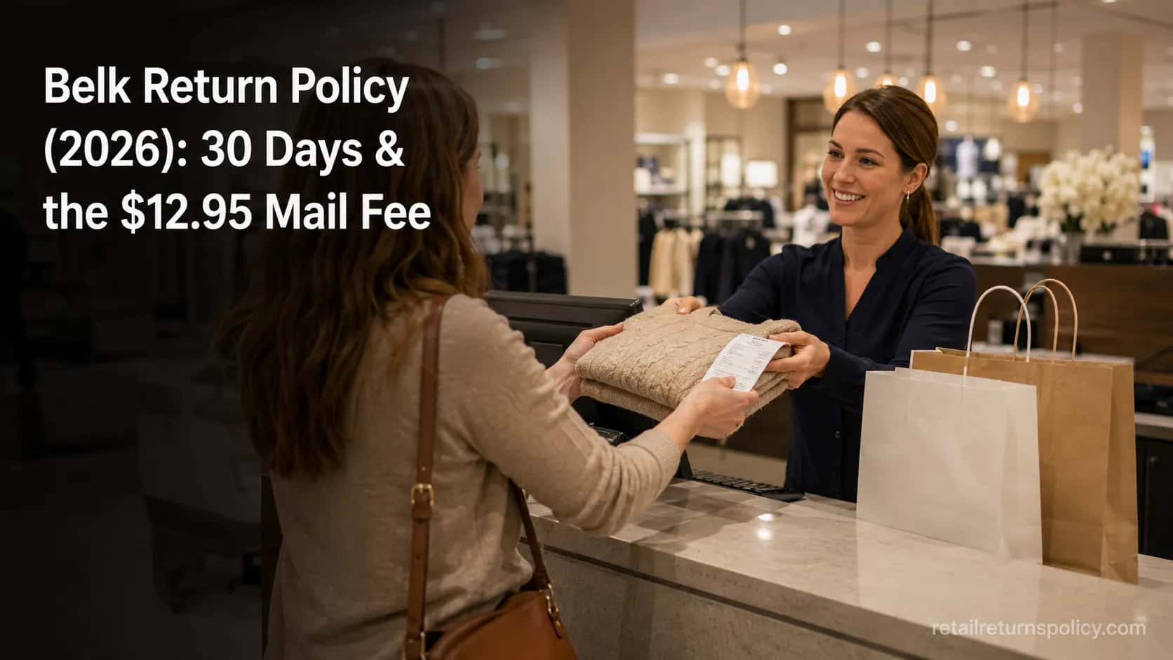 Shopper returning a sweater at a department-store returns counter illustrating the Belk return policy for 2026.