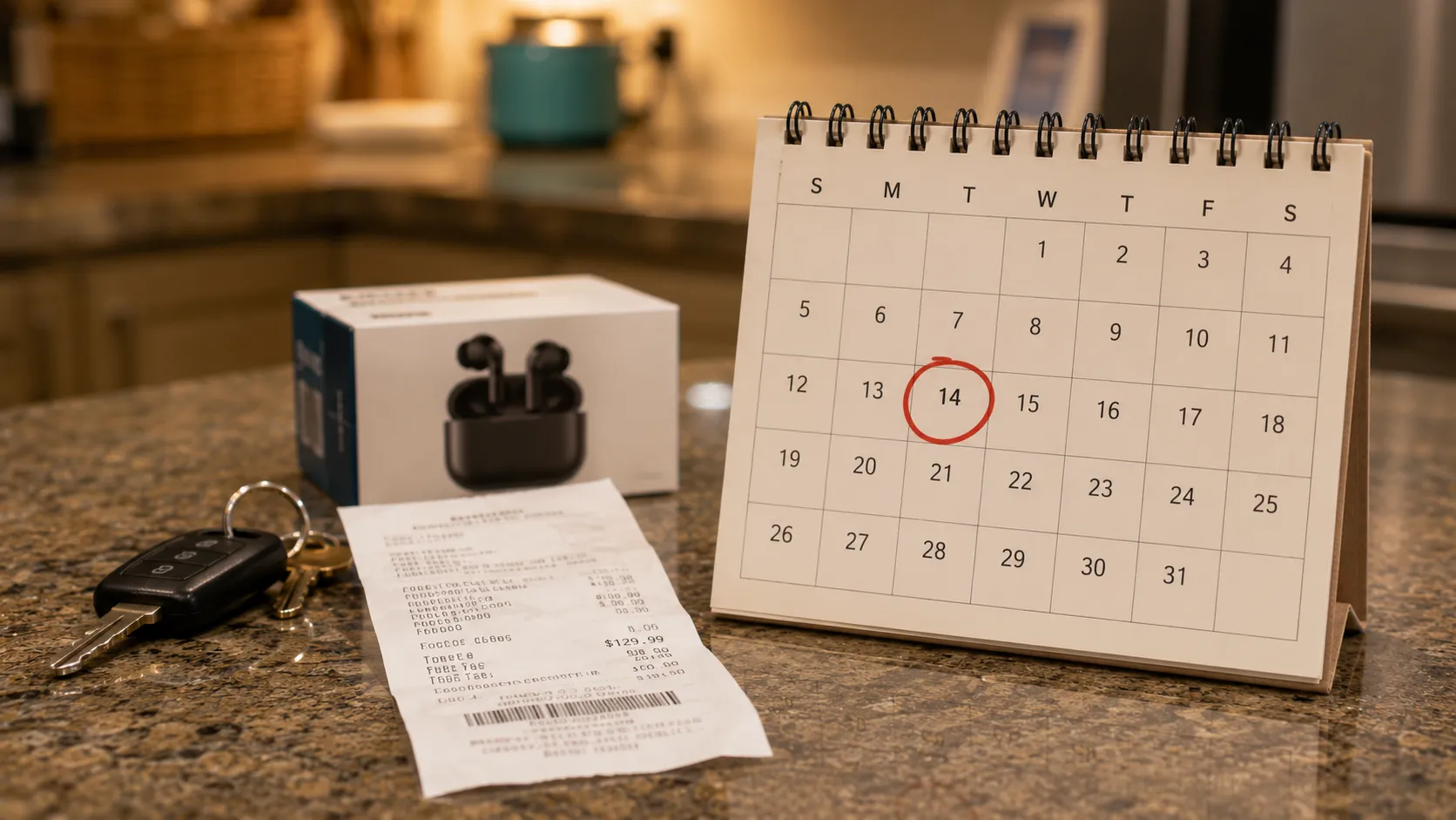Best Buy 15 day return window deadline circled on a calendar beside a receipt for an electronics purchase