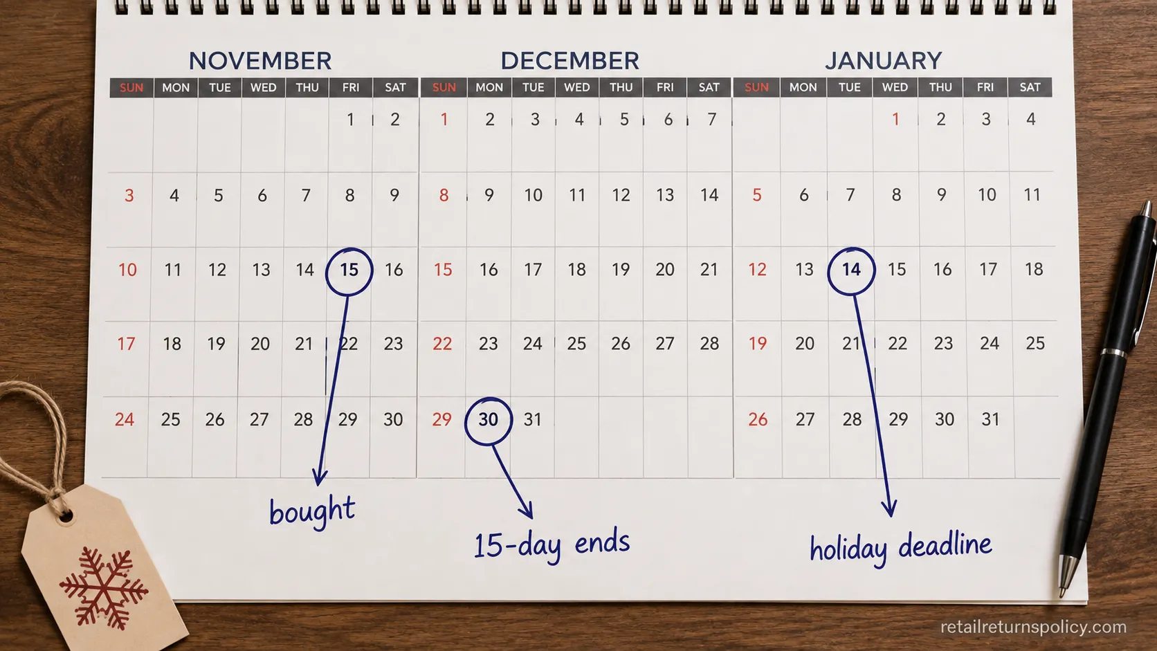 Calendar timeline comparing Best Buy’s 15-day return window with the extended holiday deadline.