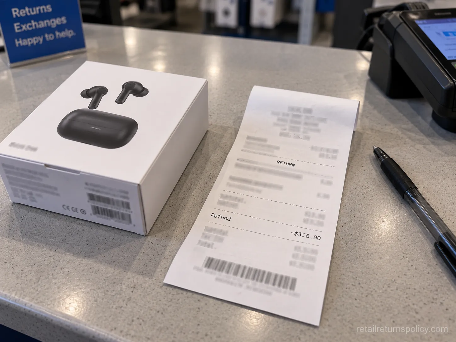 Electronics return receipt on a store counter next to a boxed device.