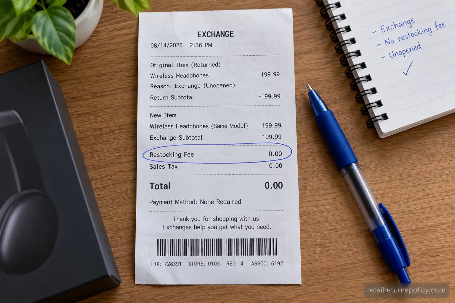 A store exchange receipt with the restocking-fee line circled, showing no fee on an unopened return.