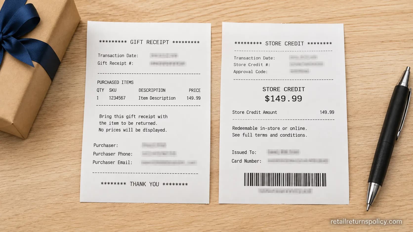 A Best Buy gift receipt next to the store credit slip received from a gift return.