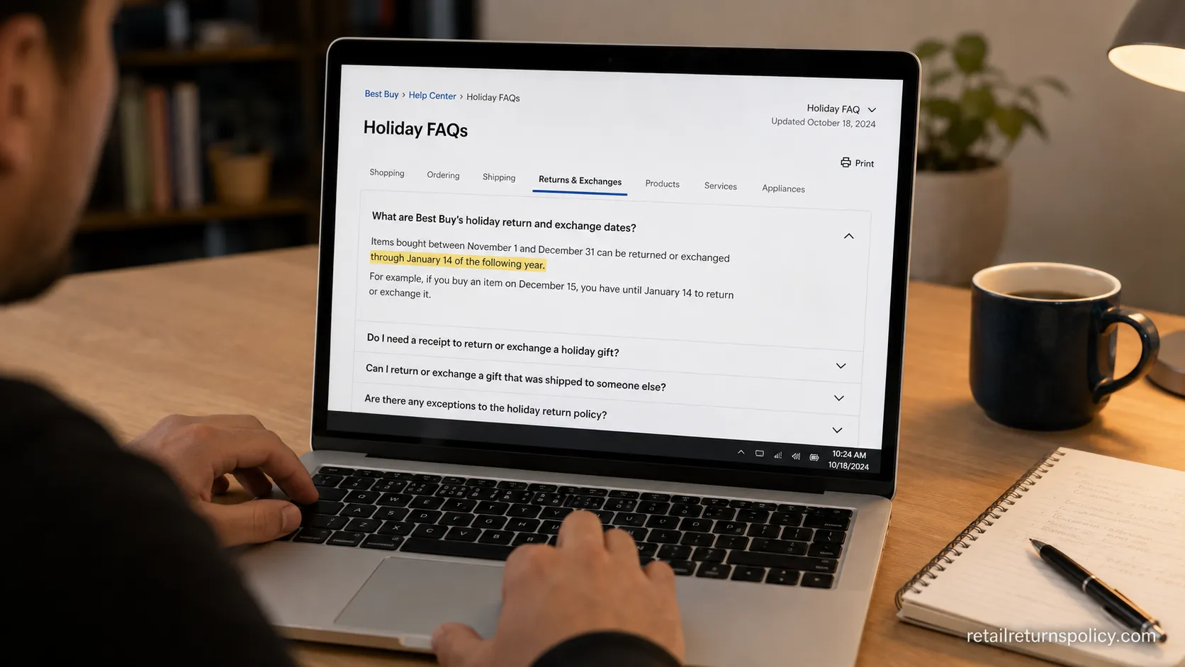 Best Buy official Holiday FAQ open on a laptop showing the extended holiday return dates.