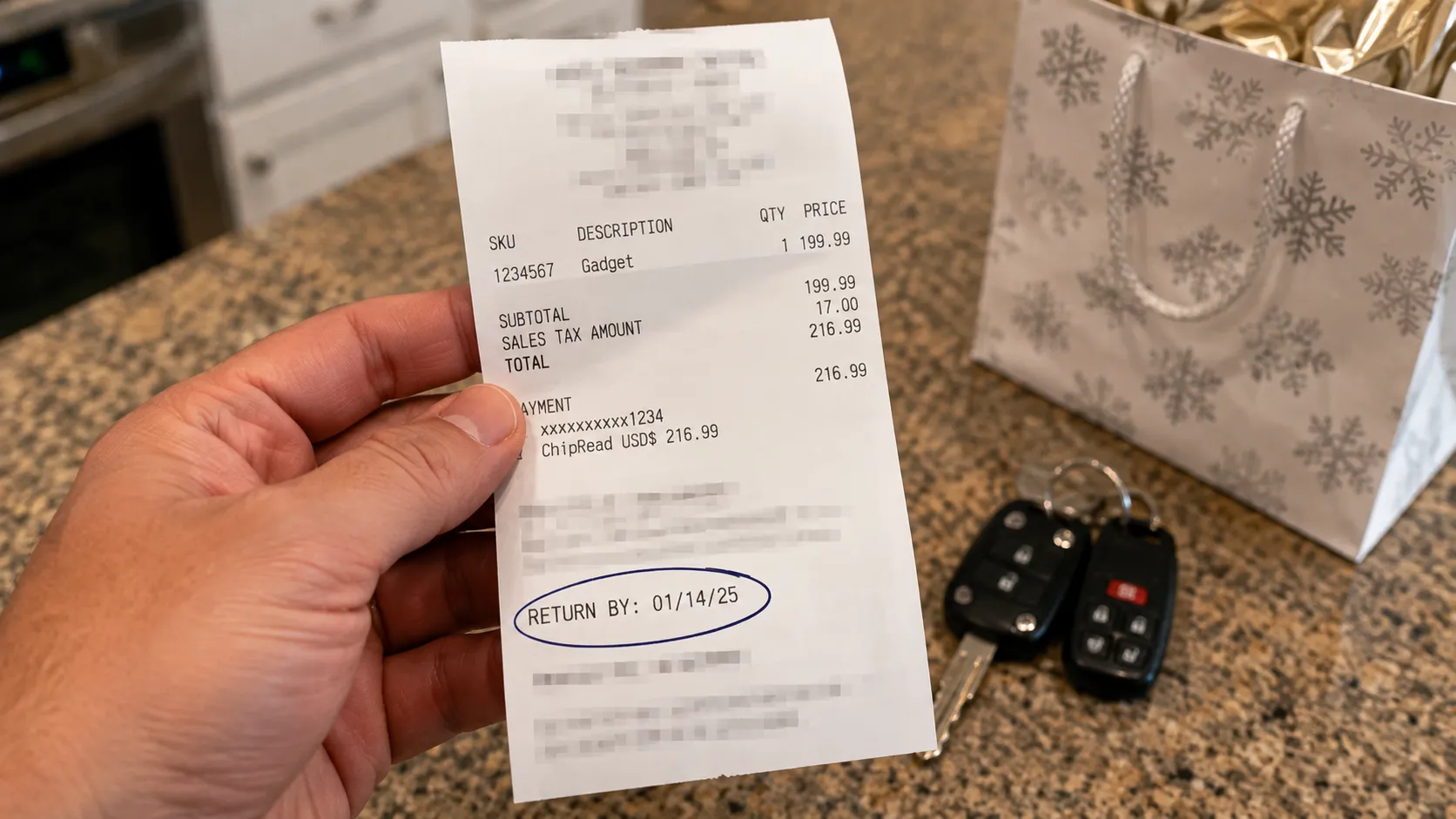 Best Buy holiday receipt with the printed return-by date circled by hand.
