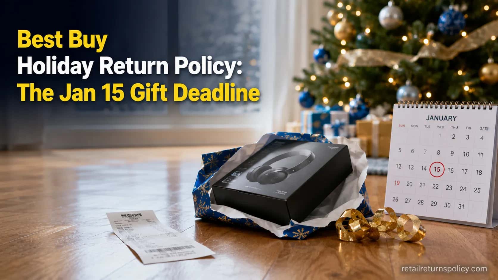 Best Buy holiday return policy cover with a gift receipt and a mid January calendar.