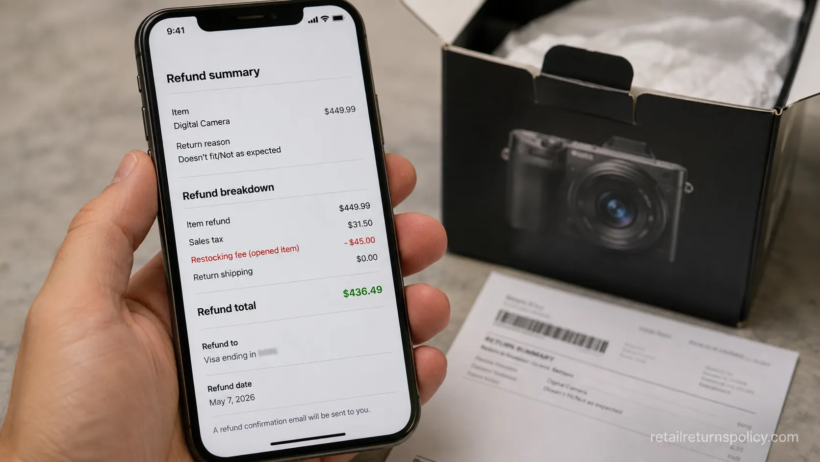 Best Buy online refund showing a restocking fee deducted for an opened item.