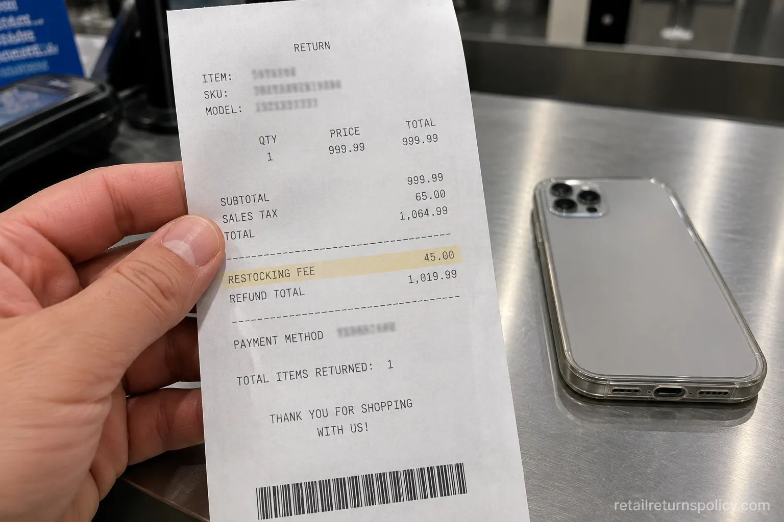 Best Buy phone return receipt showing a $45 restocking fee deducted, a fee that does not apply to TVs.