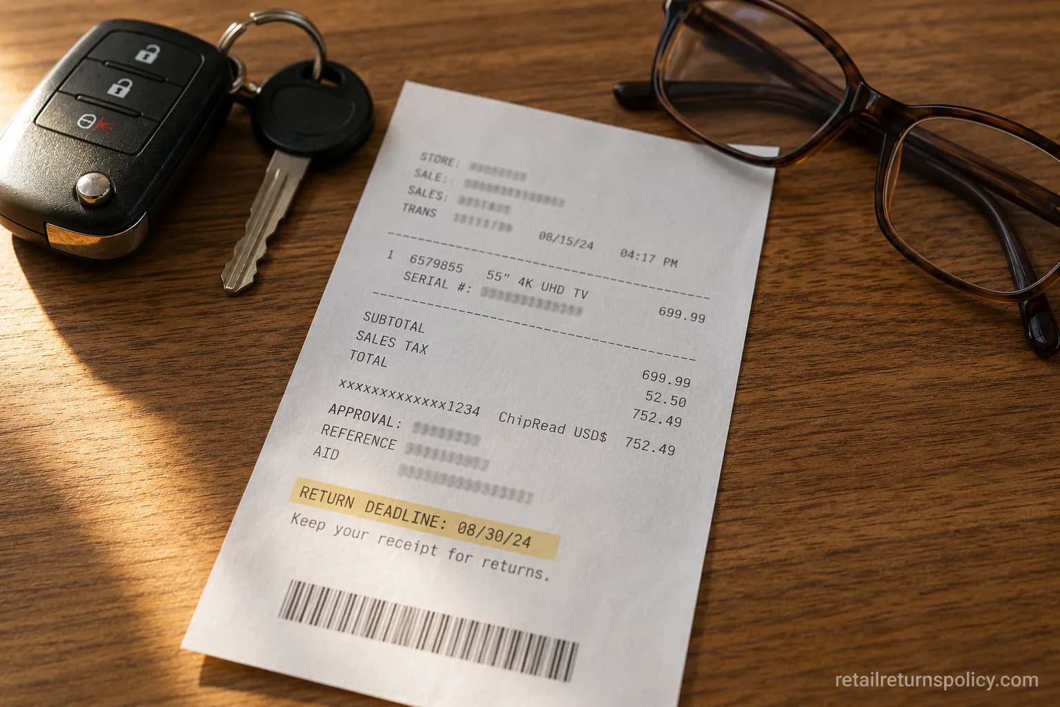 Best Buy receipt on a counter showing the printed TV return deadline that governs the window.